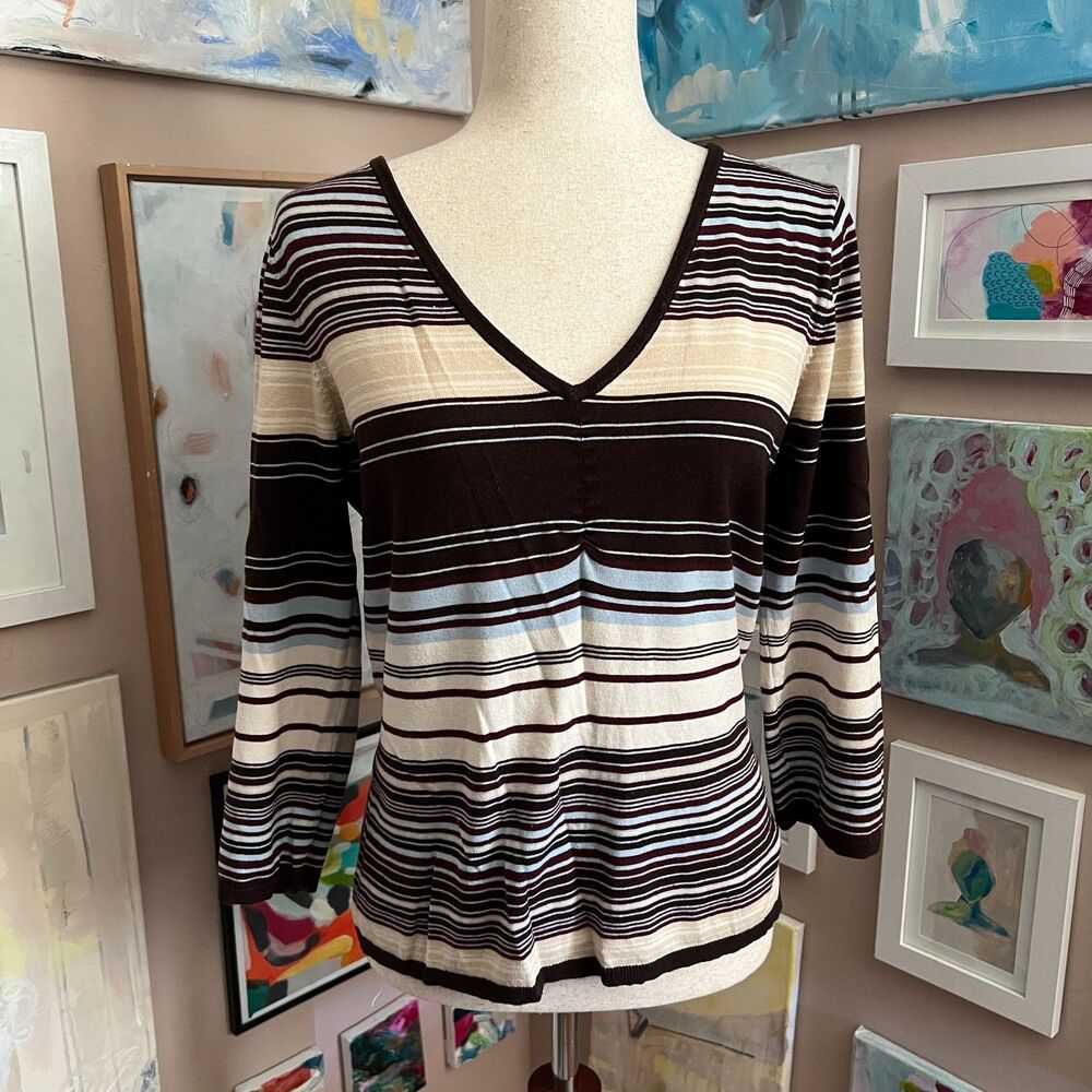 90s Minimalism Striped V Neck Knit Top Silk Blend Jackie Blue Grunge Size XL